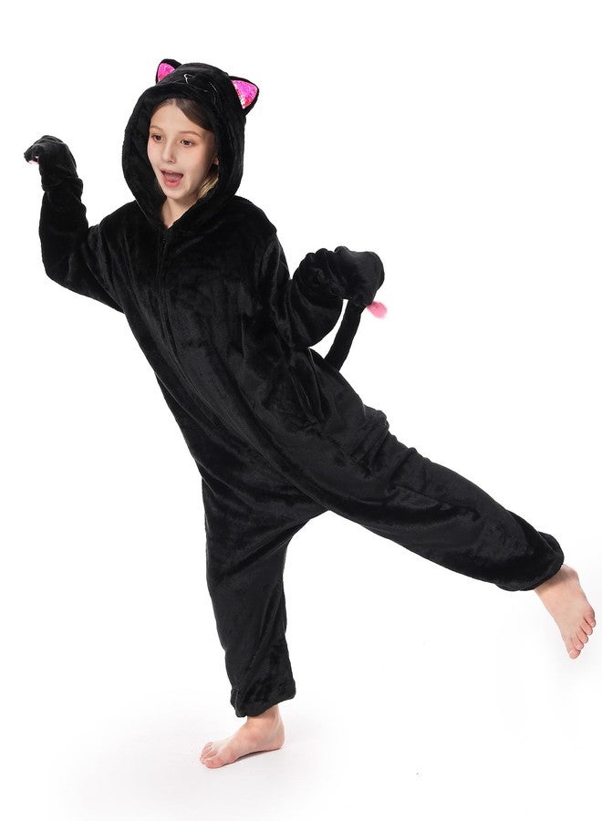 ACTLATI Girls Black Cat Costume Halloween Jumpsuit Zip-Up Hooded One Piece Romper for Animal Cosplay Party Age 6-13 - Image 4